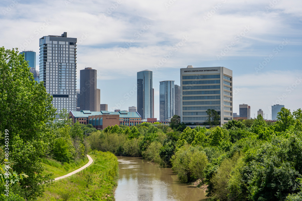 Houston, Texas, city skyline, Rosemont Bridge view. , Buffalo Bayou, green space. Urban travel.