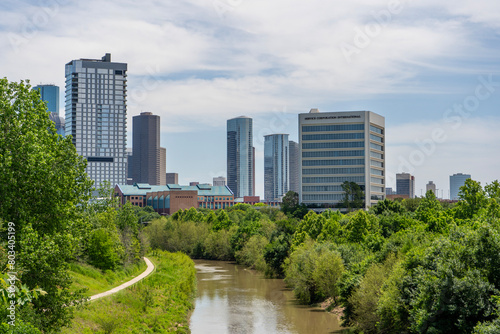 Houston, Texas, city skyline, Rosemont Bridge view. , Buffalo Bayou, green space. Urban travel.