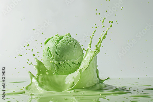 A mesmerizing composition of a levitating green ice cream scoop with a splash, isolated against a white backdrop. © Faisu