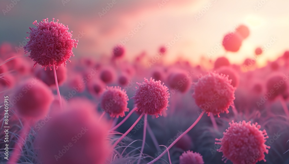 a field of pink flowers with the sun in the background a field of pink flowers with the sun in the background