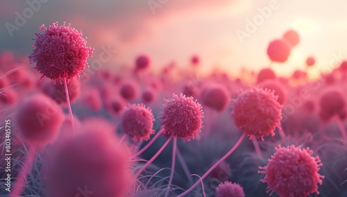 a field of pink flowers with the sun in the background
