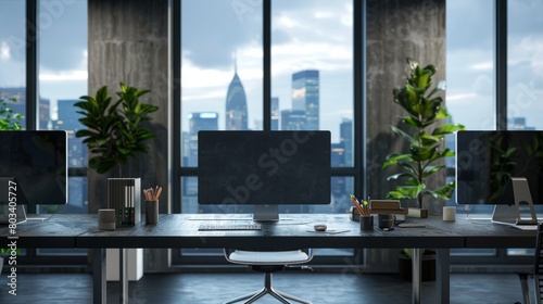 Modern workspace interior with pc monitors on tables, panoramic window hyper realistic 