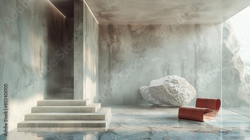 a room with a large rock and a chair in it