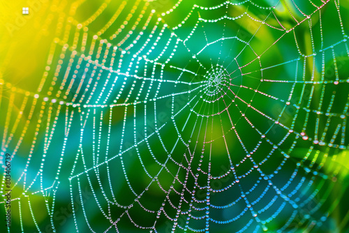 A close-up of a delicate spiderweb glistening with morning dew.