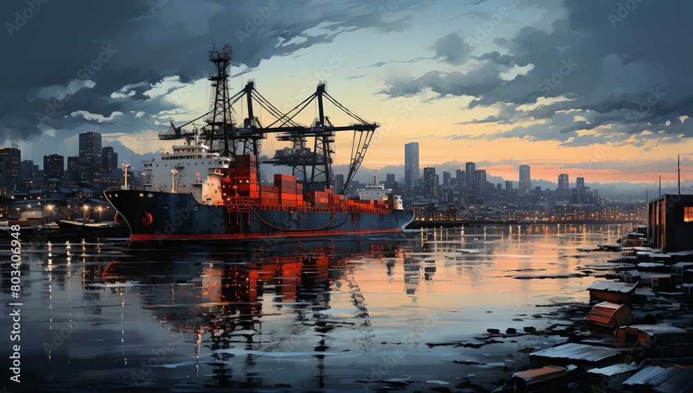 a painting of a ship in the water with a city in the background at sunset