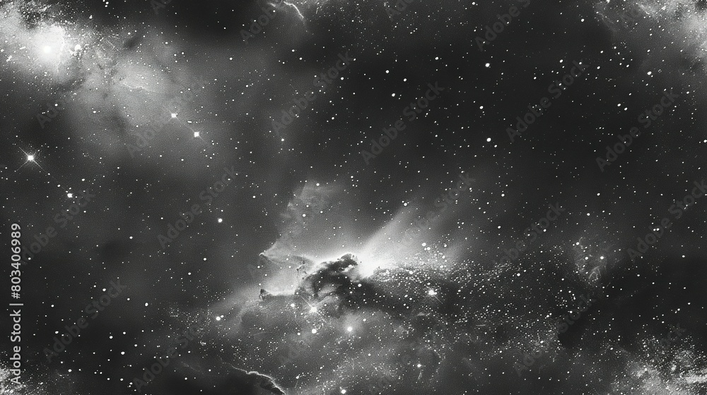 A monochrome picture showcases stars and cloud formations in both the foreground and background of a nighttime sky A monochrome picture showcases stars and cloud formations in both the foreground and background of a nighttime sky