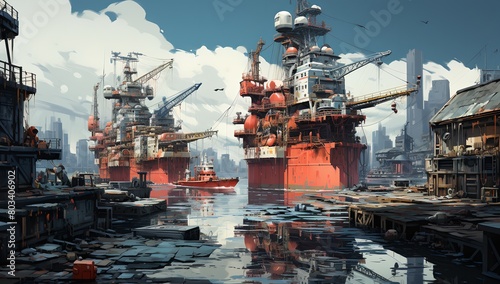 a painting of a harbor with ships and cranes in the background