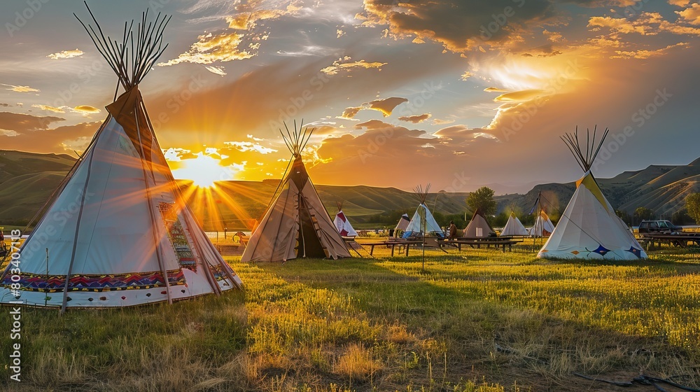 tipis at sunset in the prairie. AI generated illustration