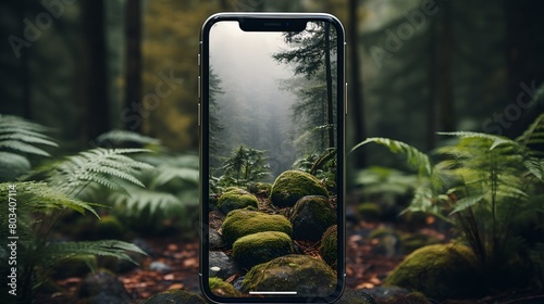 a phone with a picture of a forest in the screen and a fern in the background with a foggy sky.. photo