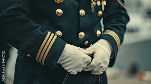 closeup ship captain holding waist