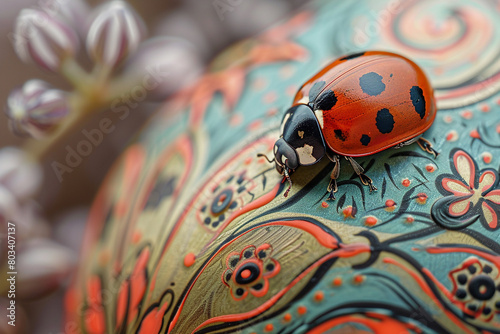 A close-up of a delicate ladybug exploring the intricate patterns of a hand-painted Easter egg.