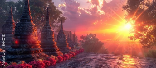 Radiant Sunrise Illuminating Ancient SevenChedi Temple in Phrae Thailand photo