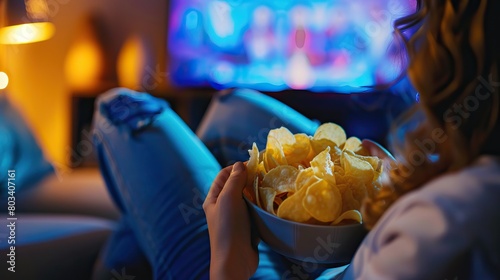 Close up of a woman's hands holding a bowl with potato chips on the sofa in front of the tv at night. AI generated illustration