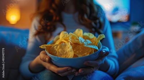 Close up of a woman's hands holding a bowl with potato chips on the sofa in front of the tv at night. AI generated illustration