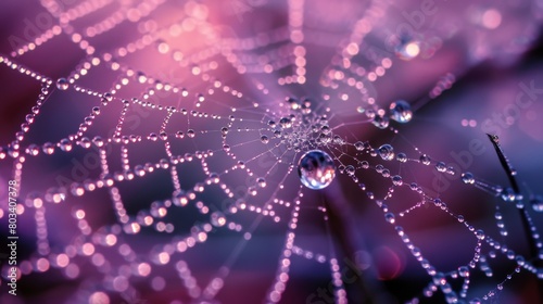 Spider web adorned with glistening water droplets, captured in the soft light of dawn or dusk © AlfaSmart