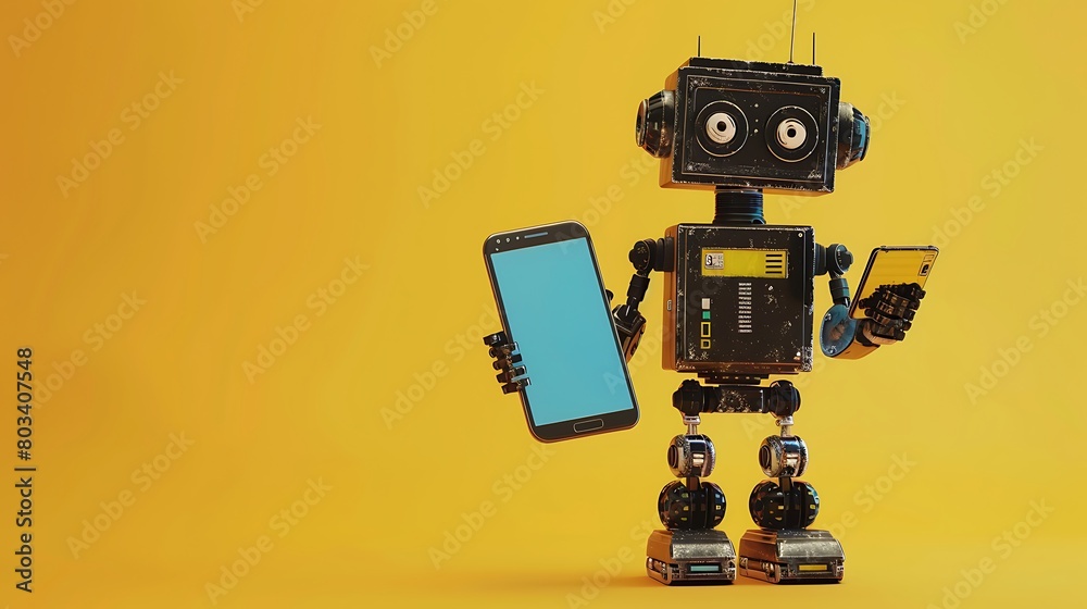 Robot toy and Smart phone on yellow backround Robot toy and Smart phone on yellow backround