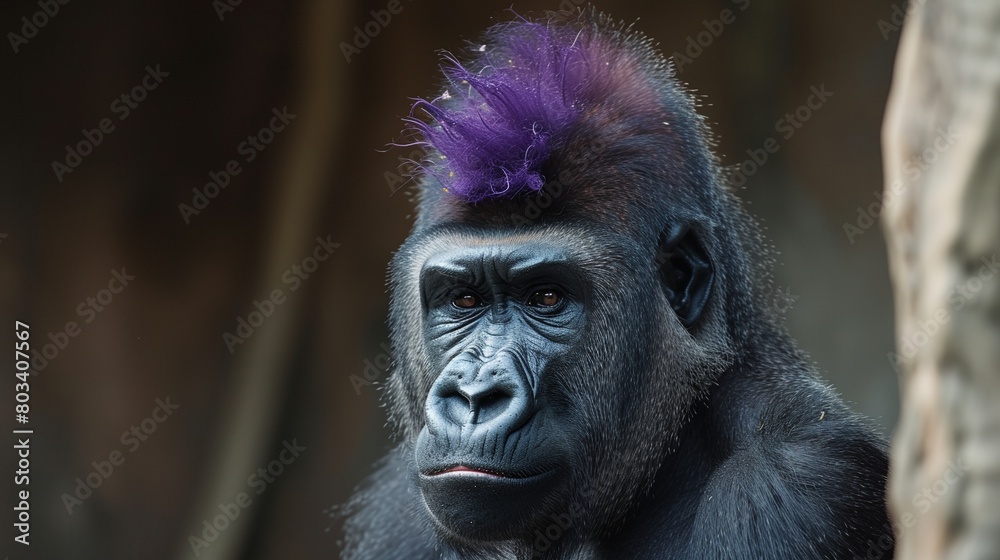 Obraz premium a gorilla with a purple mohawk on its head