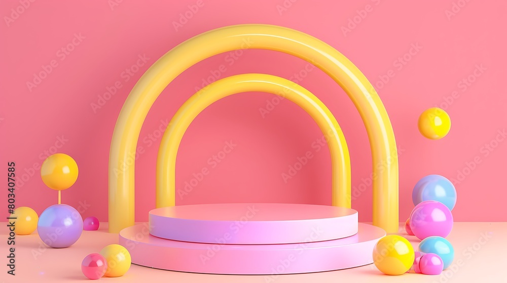 Round podium with colorful balls and yellow archs on pink background Round podium with colorful balls and yellow archs on pink background