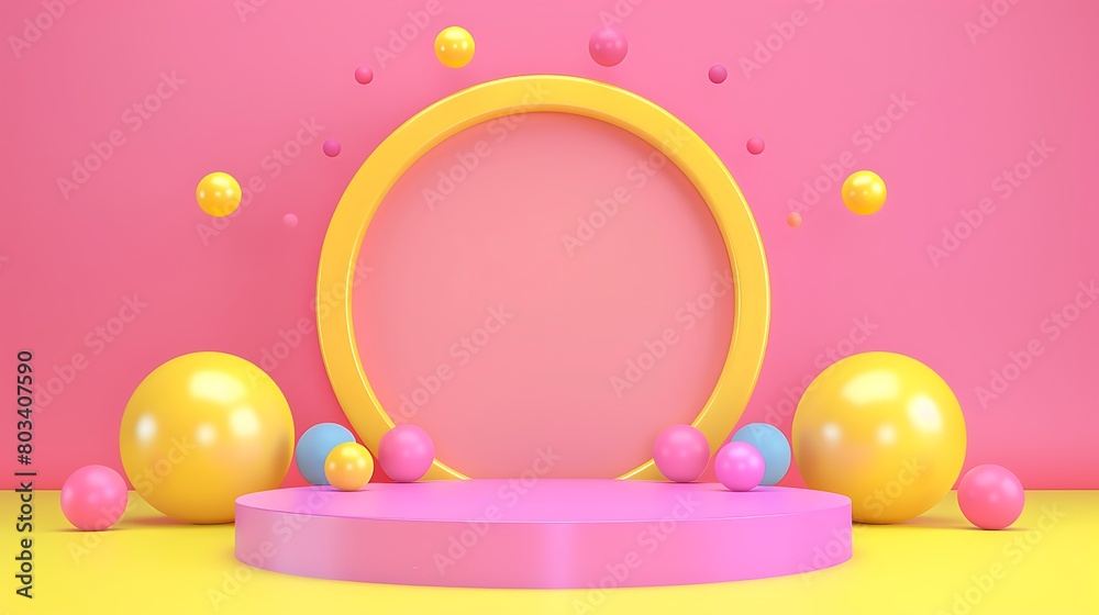 Round podium with colorful balls and yellow archs on pink background Round podium with colorful balls and yellow archs on pink background