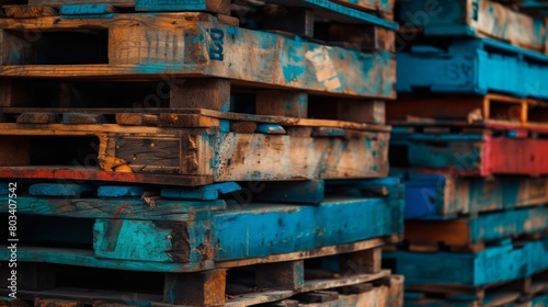 Pallets in logistics conditions stacks of pallets in various states of use