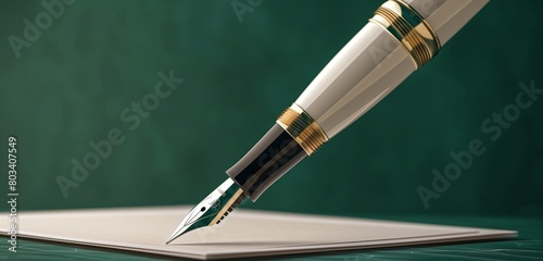 A panoramic composition of a classic fountain pen, its nib elegantly poised above a sheet of fine stationery, ready for writing, against a luxurious, dark emerald presentation background. photo