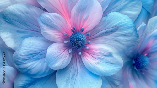 Blue flower with soft pink accents, focusing on the intricate patterns of its petals and the subtle variations in color