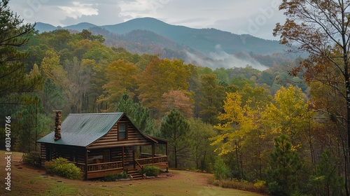 a cabin nestled in the woods with a mountain view in the background and fog in the air above it..