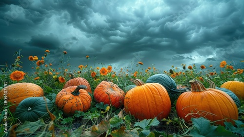 A stunning assortment of pumpkins against a somber sky background. Use for seasonal and harvest themed banners.