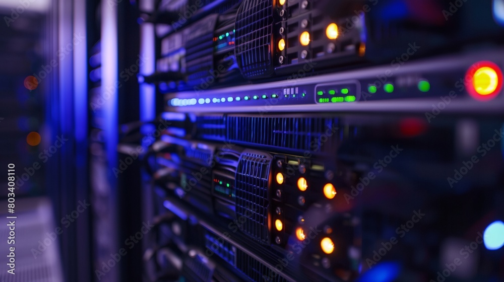 a row of servers with different colored lights on them