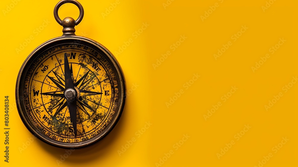 Vintage compass retro style travel instrument isolated on yellow background