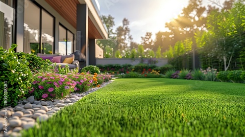 Beautifully manicured lawns and flowerbeds with shrubs with soft sunlight. The backyard background of the house.