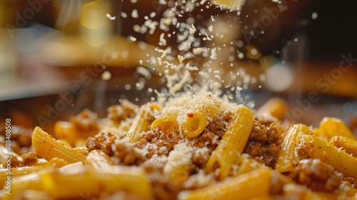 Sprinkling Parmesan Cheese on Penne Bolognese