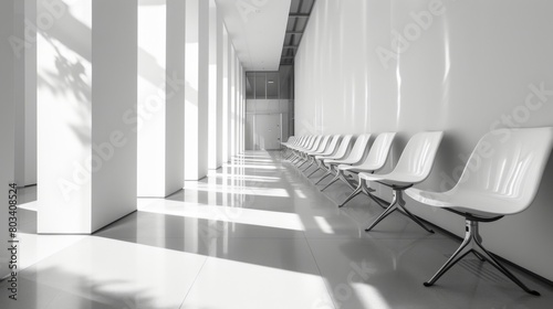 Waiting room in a hospital with empty chairs arranged symmetrically along the corridor