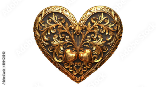 A golden heart emblem with intricate patterns isolated on transparent background. 