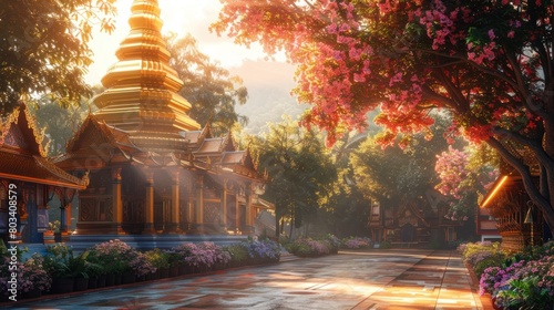 Radiant Sunlight Illuminating the Golden Chedi of Wat Phra That Hariphunchai in Lamphun Province