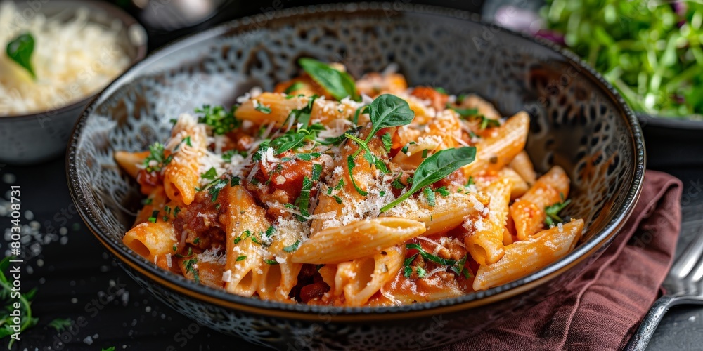 Bowl of Penne Bolognese With Parmesan Cheese