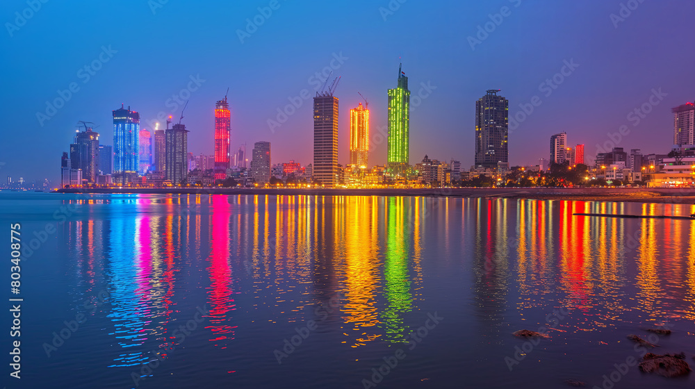 Vibrant City Skyline at Twilight with Colorful Reflections on Water