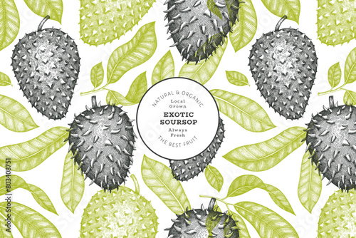Hand drawn sketch style soursop fruit banner. Organic fresh fruit vector illustration. Retro guanabana design template