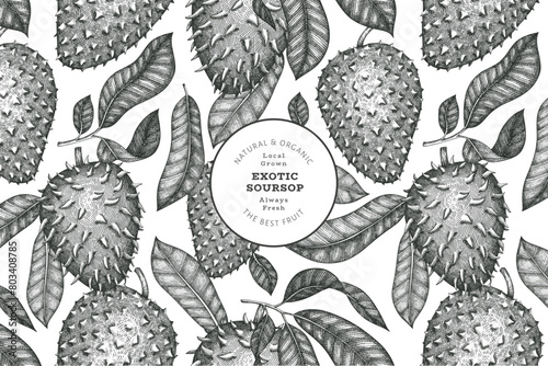 Hand drawn sketch style soursop fruit banner. Organic fresh fruit vector illustration. Retro guanabana design template