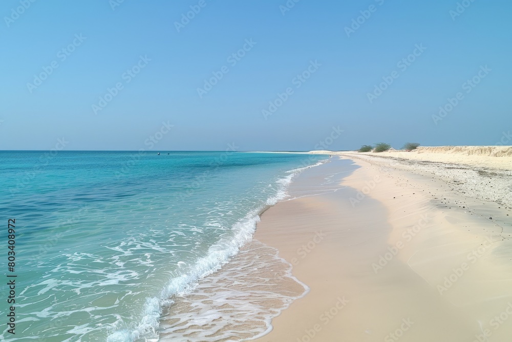 Sandy Beach With Clear Blue Water on a Sunny Day