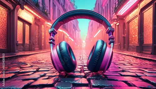Pink Headphones: Neon Night, Cobblestone Street, Modern