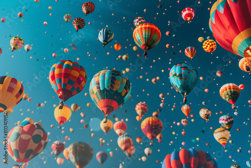 A mesmerizing display of colorful hot air balloons filling the sky, with the vibrant hues contrasting against the deep blue backdrop.