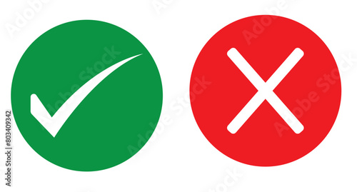 Tick and cross checkmark icon. Check mark and wrong mark icon design. Set of red X and green check mark icons. Vector illustration. photo
