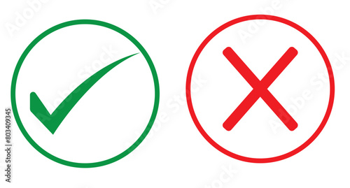 Set of red X and green check mark icons set. Tick and cross checkmark icon. Yes and No buttons.  Check mark and wrong mark icon design. Vector illustration. photo