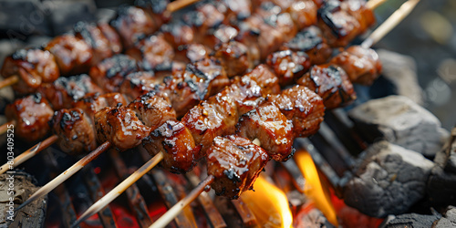 A close - up shot of a skewer loaded with marinated kebabs grilling over an open flam in homemade on bakra Eid  A confident cute schoolboy in a stylish suit smiling . photo