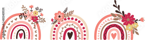 Set of three hand drawn Scandinavian boho rainbows with flowers. Vector doodle illustration in pink and brown colors