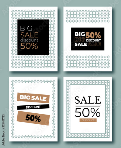 Set of four minimalist sale posters with bold text and modern graphics,ornament in neutral tones. 50 percent discount luxury banners. Geometric ethnic pattern. Brown, black and blue colors. Vector.