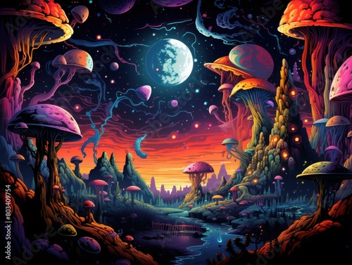 A colorful fantasy landscape with mushrooms, planets, and a river running through a canyon. The sky is a gradient of red and blue, and there is a full moon.
