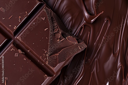 A close-up of a luxurious, dark chocolate square, slightly melted at the corners, placed on a solid, dark chocolate brown background.