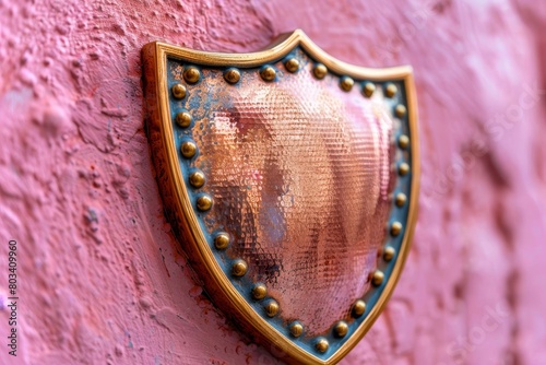 A copper-colored metal shield with gold studs hanging on a pink wall. photo